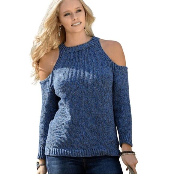 Vintage 90s Cold Shoulder Flecked Rib Knit Sweater Top M Blue Black Casual - Picture 11 of 11
